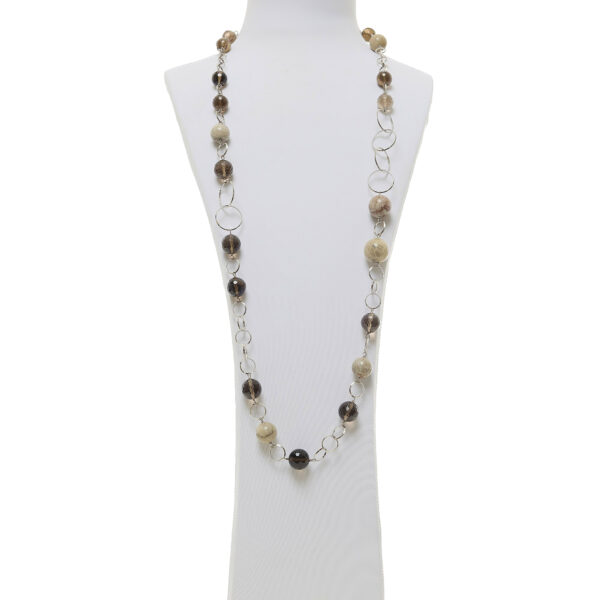 Collana lunga in Corallo Fossile e Quarzo Fumè
