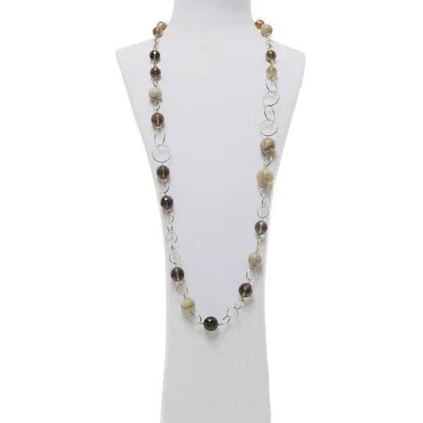 Collana lunga in Corallo Fossile e Quarzo Fumè