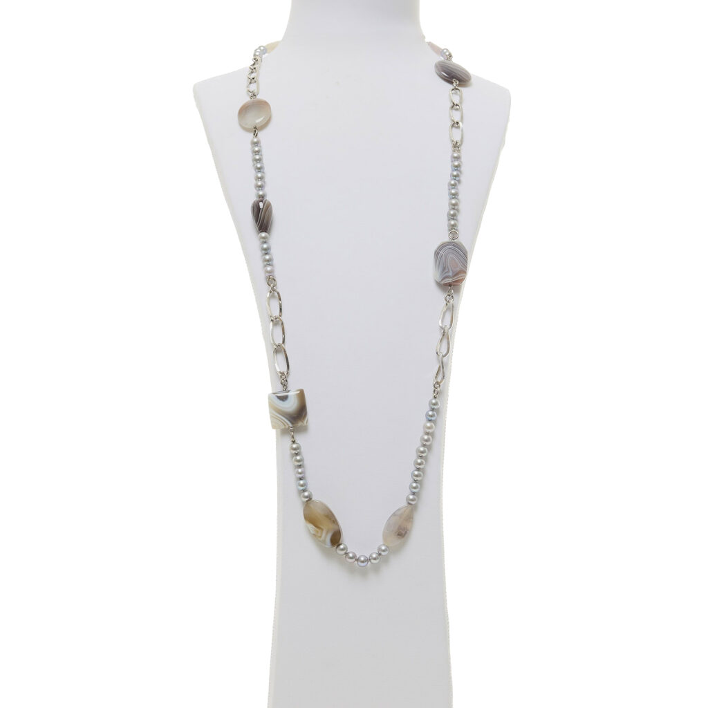 Collana lunga in Perle grigie ed Agata Botswana