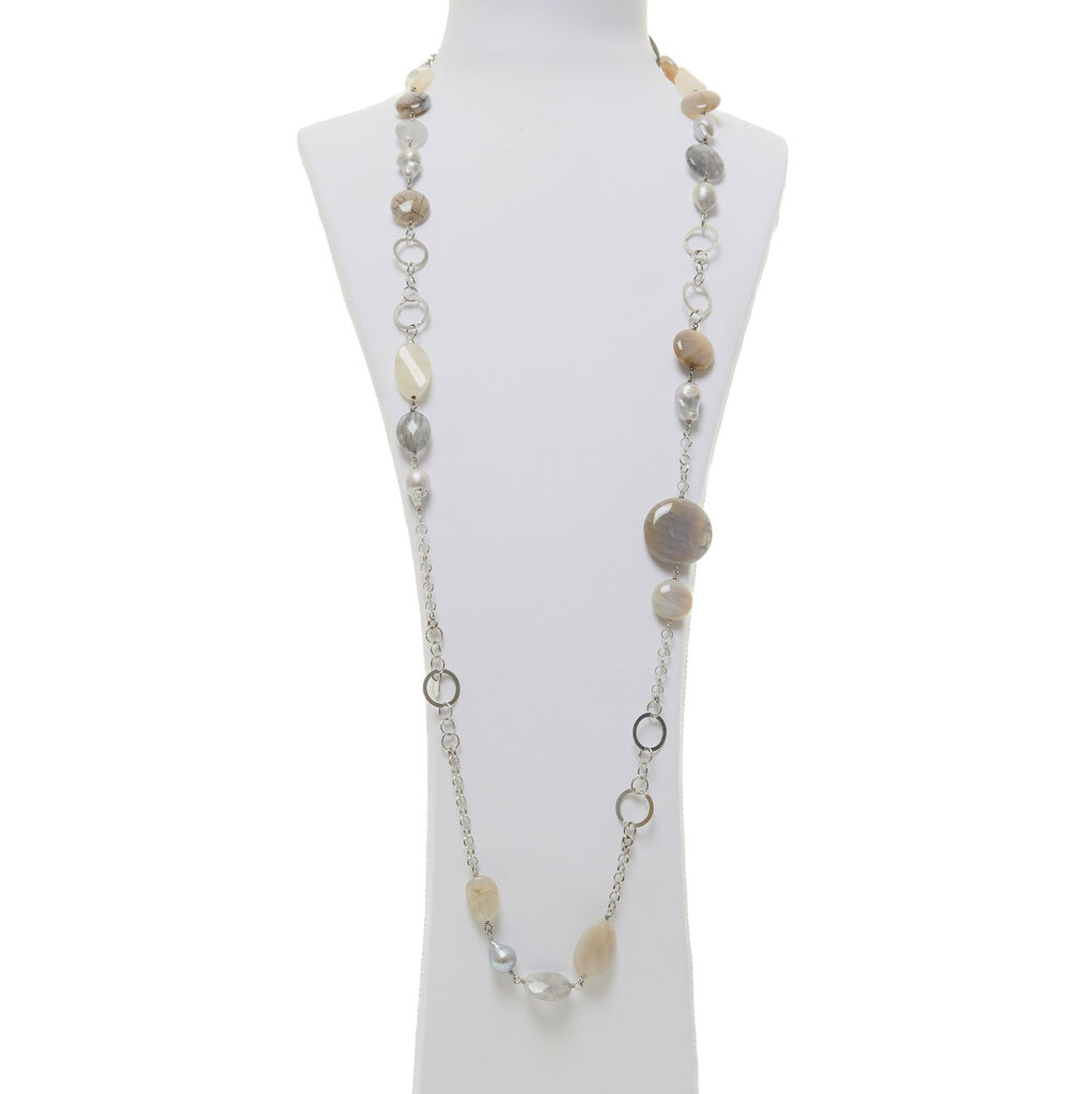Collana lunga in Agata grigia, Quarzo grigio e Perle