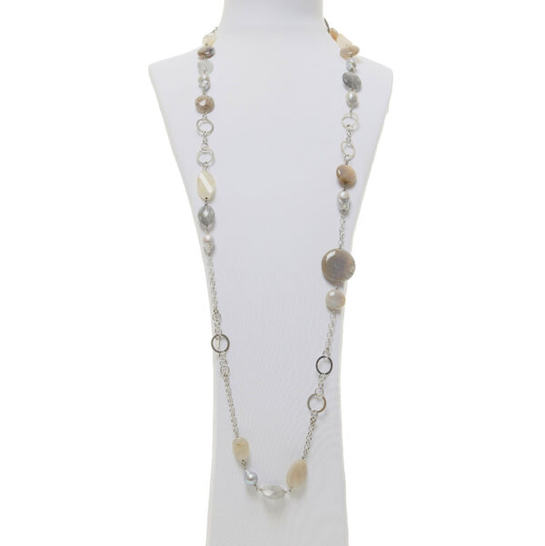 Collana lunga in Agata grigia, Quarzo grigio e Perle