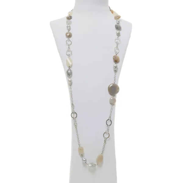 Collana lunga in Agata grigia, Quarzo grigio e Perle