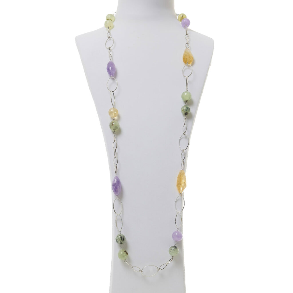 Collana lunga in Prehnite e Ametista