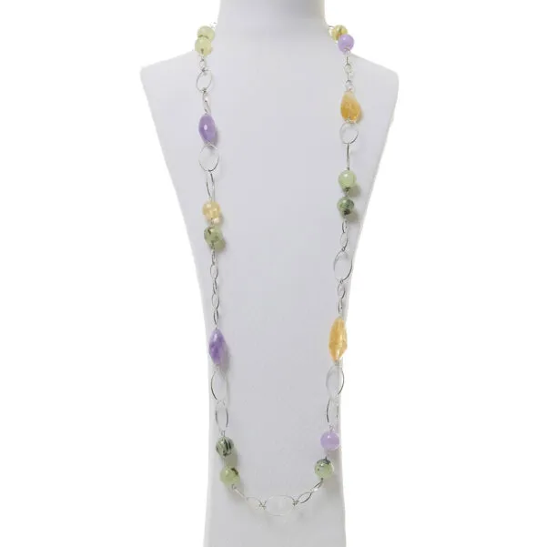 Collana lunga in Prehnite e Ametista