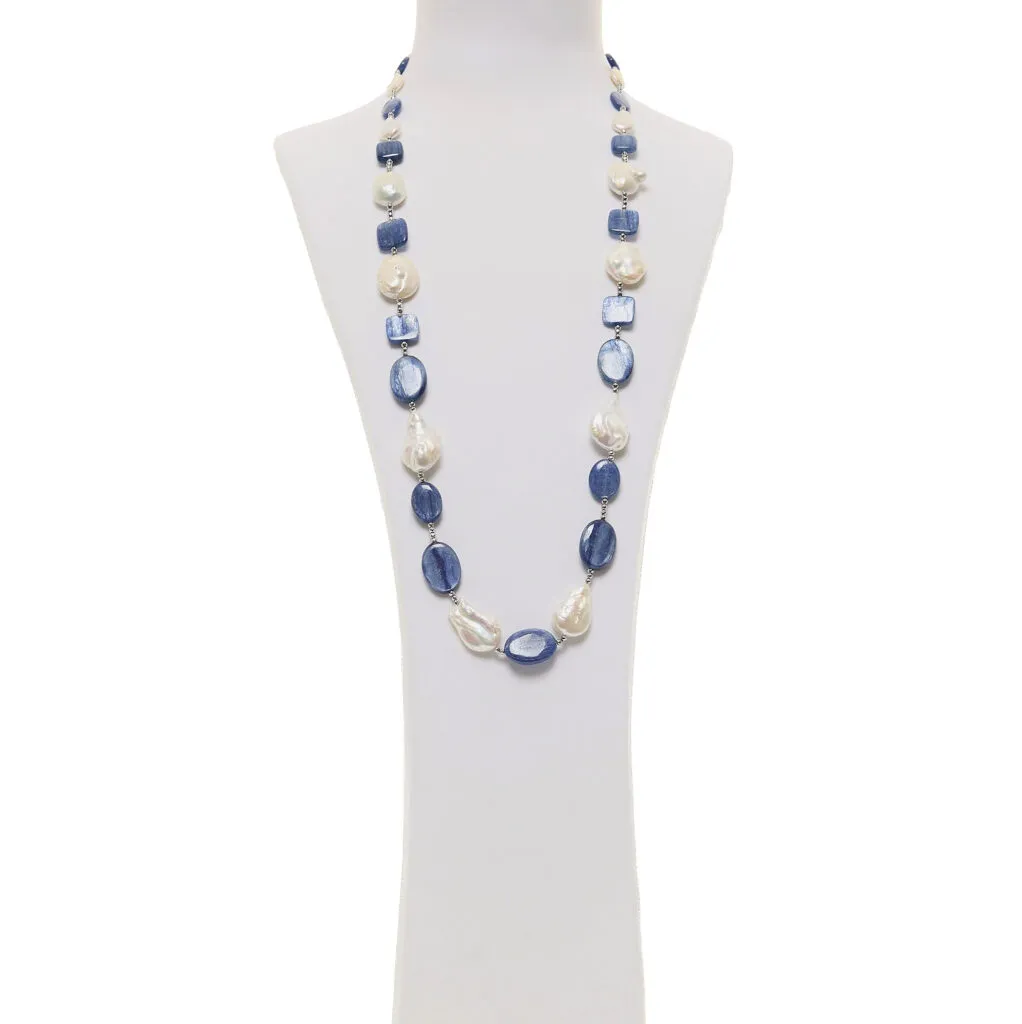 Collana in Cianite con Perle ed Ematite rodiata