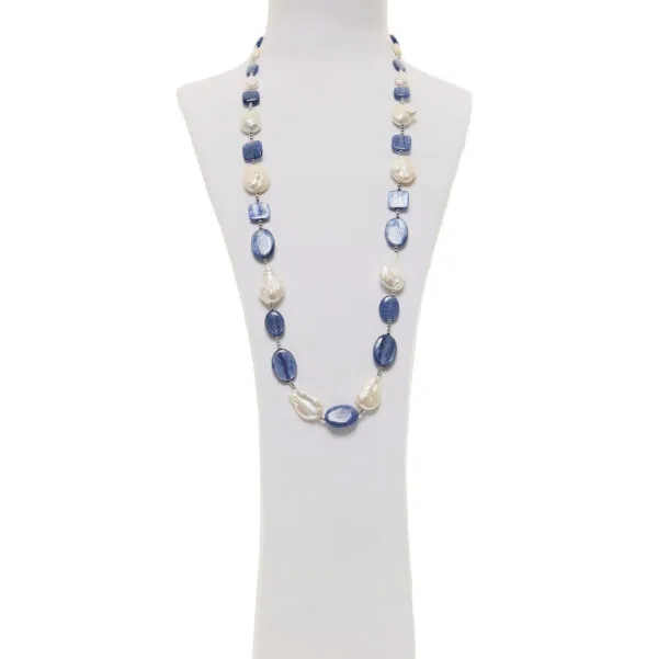 Collana in Cianite con Perle ed Ematite rodiata