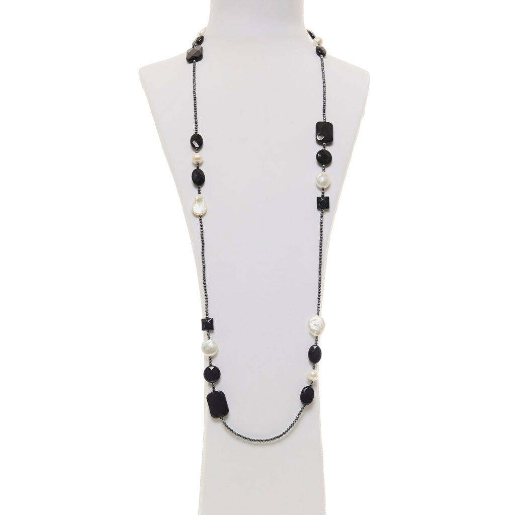 Collana lunga in Agata Nera e perle con ematite