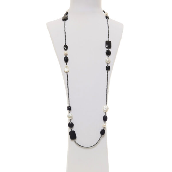 Collana lunga in Agata Nera e perle con ematite