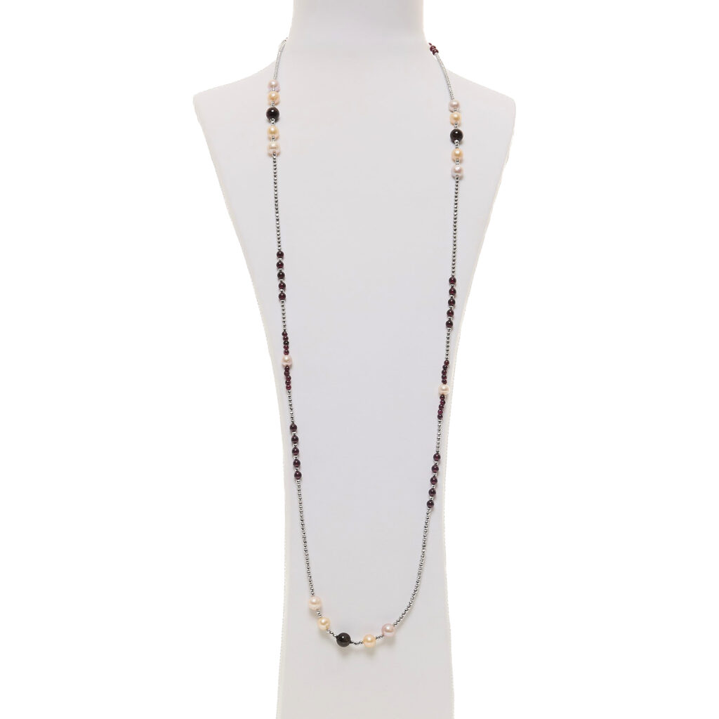 Collana lunga in Granato e Perle con Ematite