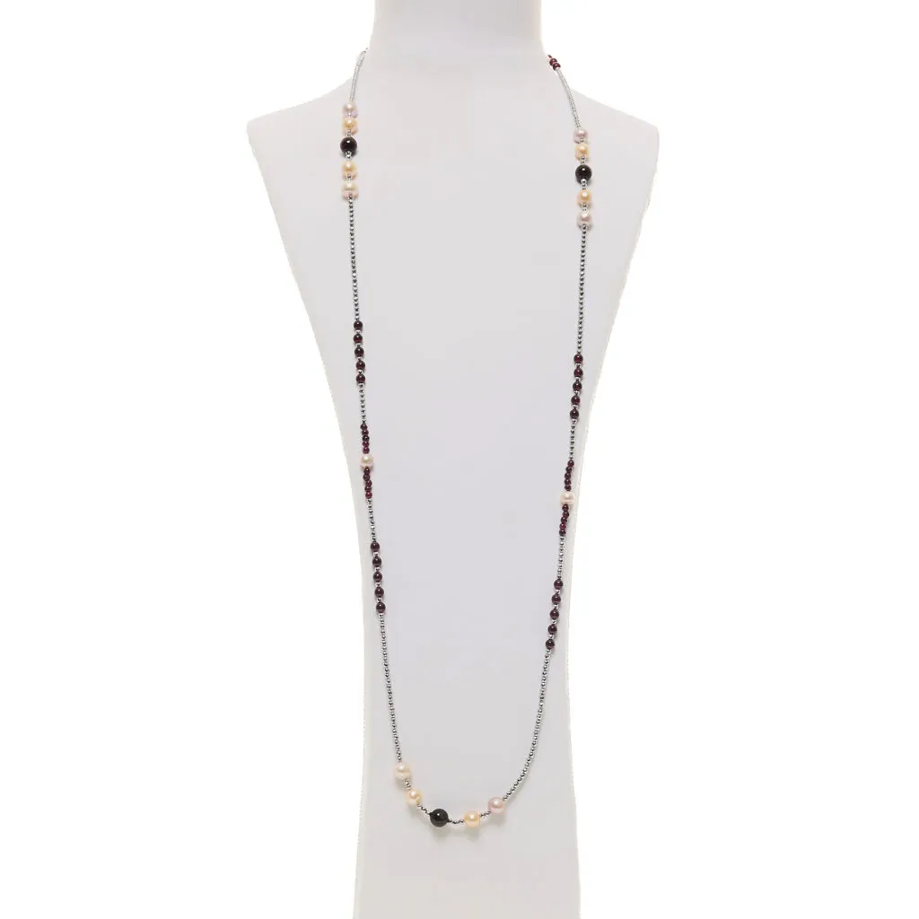 Collana lunga in Granato e Perle con Ematite