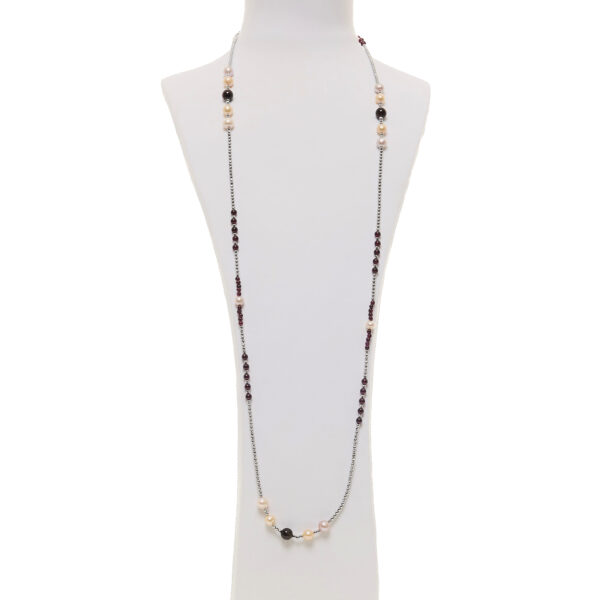 Collana lunga in Granato e Perle con Ematite