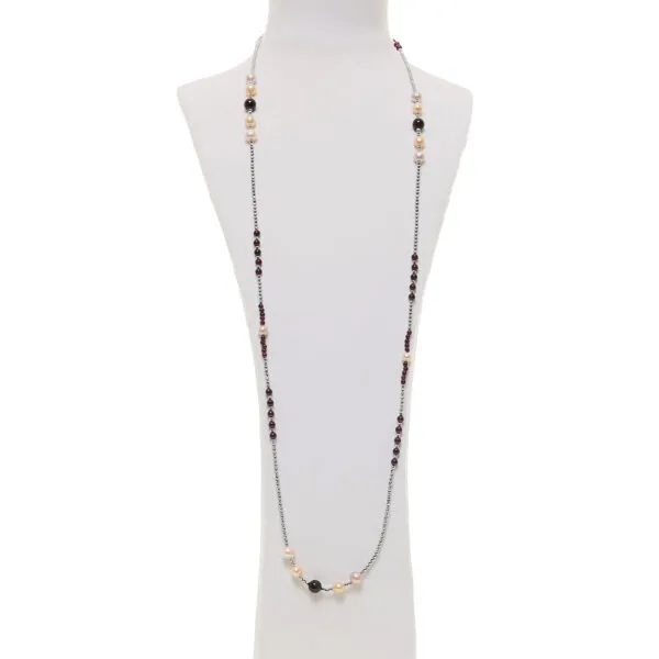Collana lunga in Granato e Perle con Ematite