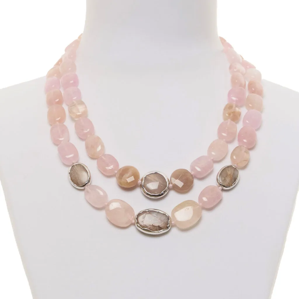 Collana a due fili in Morganite e Pietre di Luna Scontornata