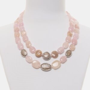 Collana a due fili in Morganite e Pietre di Luna Scontornata