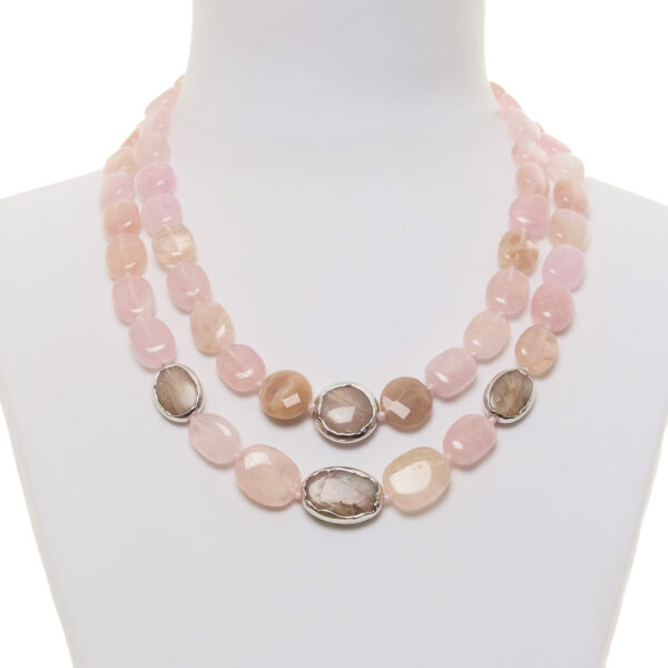 Collana a due fili in Morganite e Pietre di Luna Scontornata