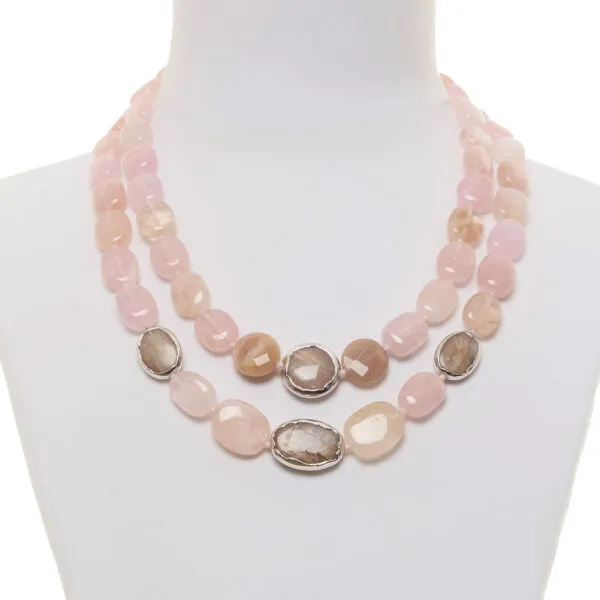 Collana a due fili in Morganite e Pietre di Luna Scontornata