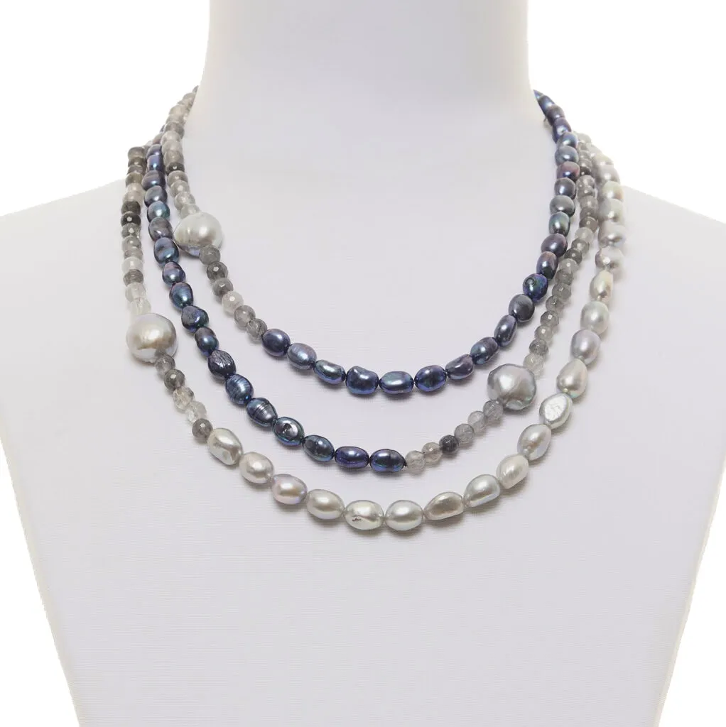 Collana a tre fili in Perle e Quarzo Grigio