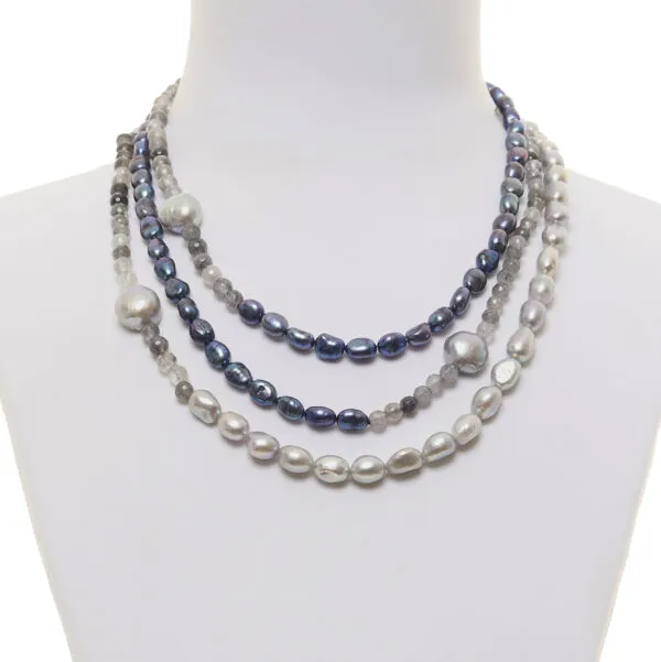 Collana a tre fili in Perle e Quarzo Grigio