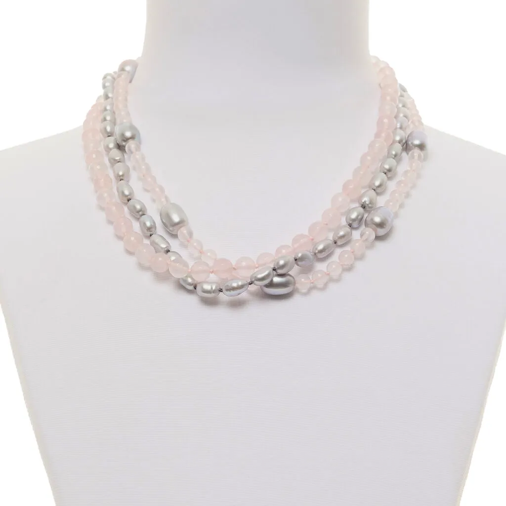 Collana a tre fili in Quarzo Rosa e Perle