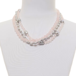 Collana a tre fili in Quarzo Rosa e Perle