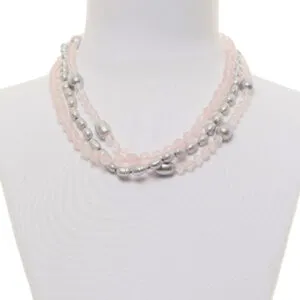 Collana a tre fili in Quarzo Rosa e Perle