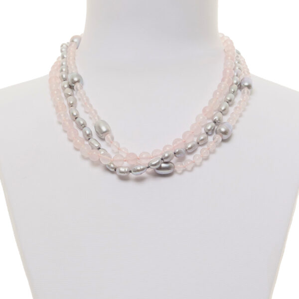 Collana a tre fili in Quarzo Rosa e Perle