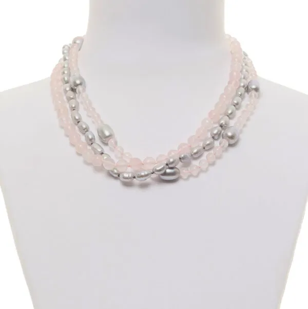 Collana a tre fili in Quarzo Rosa e Perle