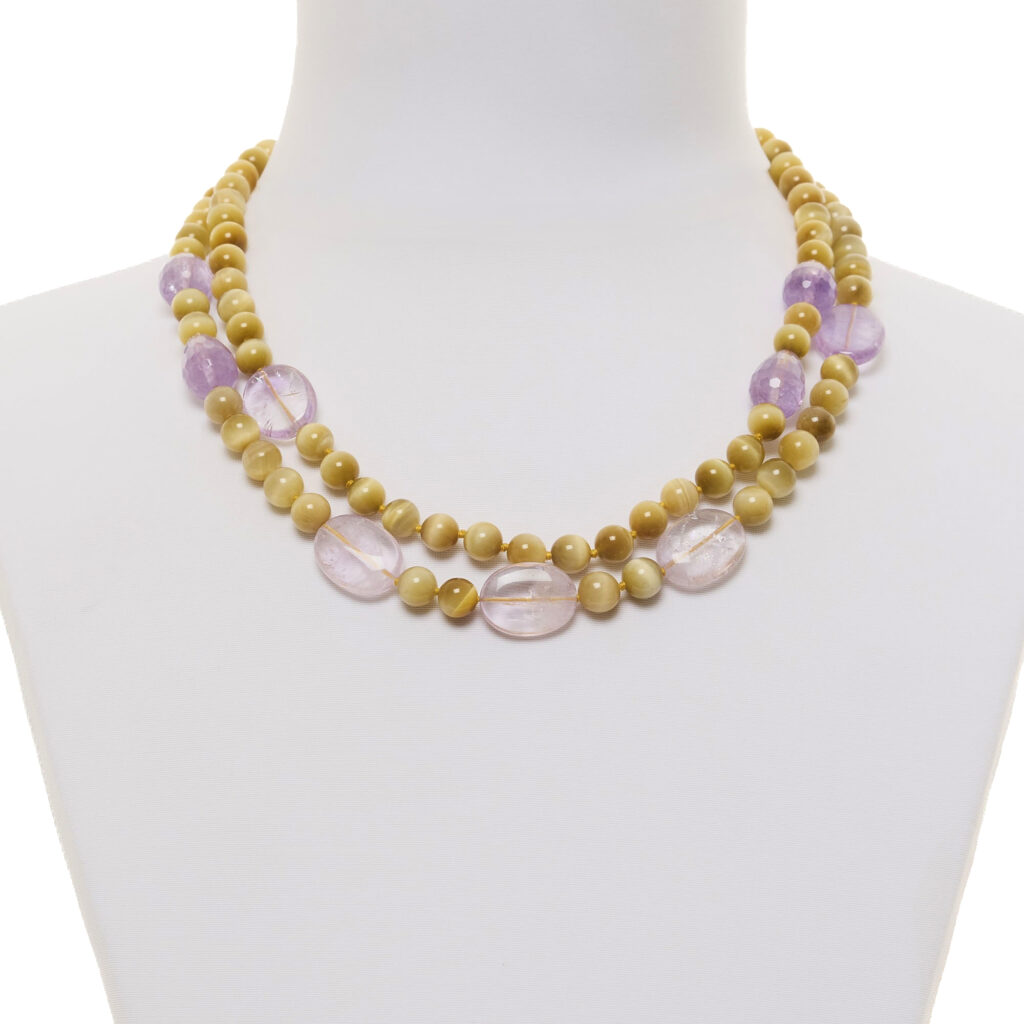Tweestrengs ketting in Amethist en Gouden Oog