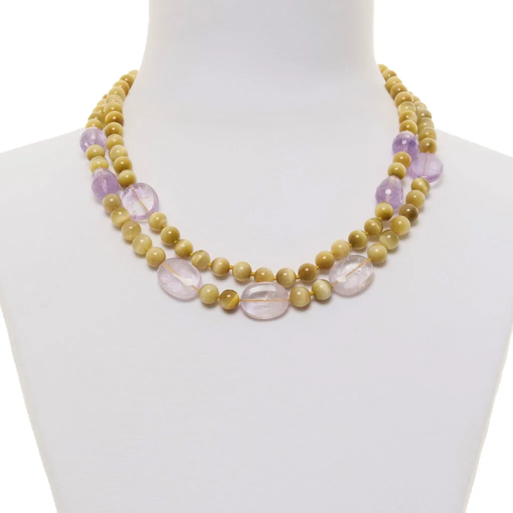 Collier deux brins en améthyste et œil d'or