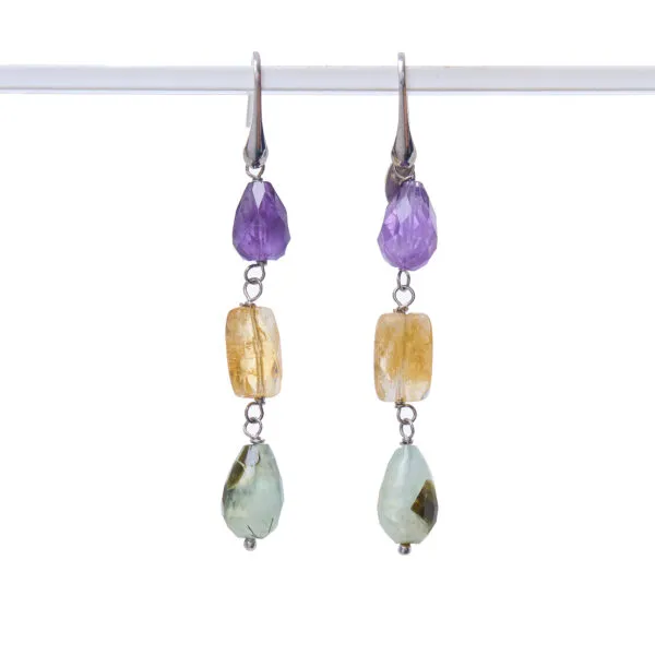 Boucles d'oreilles en préhnite, citrine et améthyste
