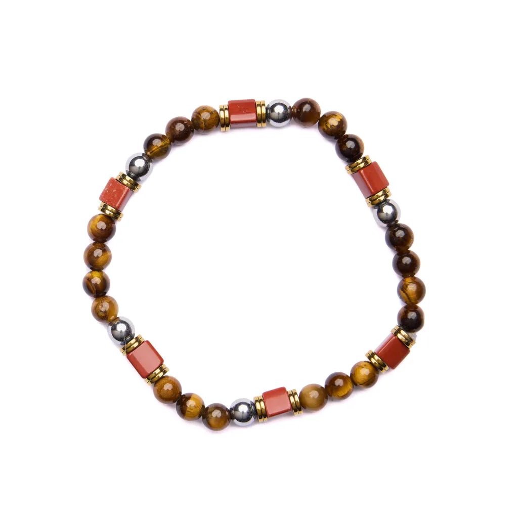 Bracciale Uomo elastico in Diaspro Rosso ed Occhio di Tigre