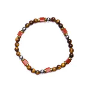 Bracciale Uomo elastico in Diaspro Rosso ed Occhio di Tigre
