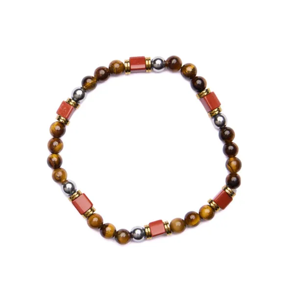 Bracciale Uomo elastico in Diaspro Rosso ed Occhio di Tigre