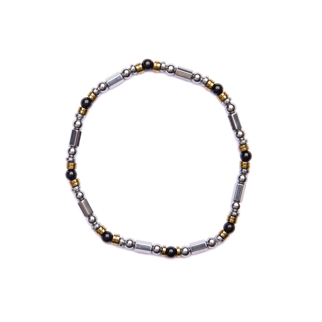Bracciale Uomo elastico in Ematite Rodiata ed Agata Nera