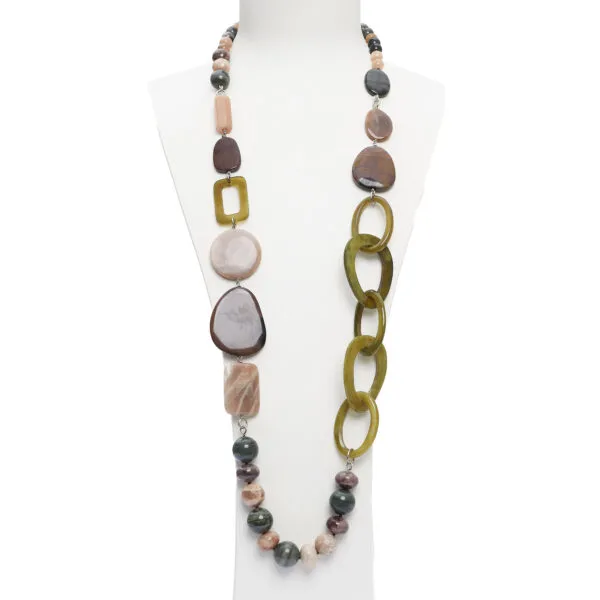 Collana in Agata Salvia, Pietra di Luna e Diaspro, con Corno