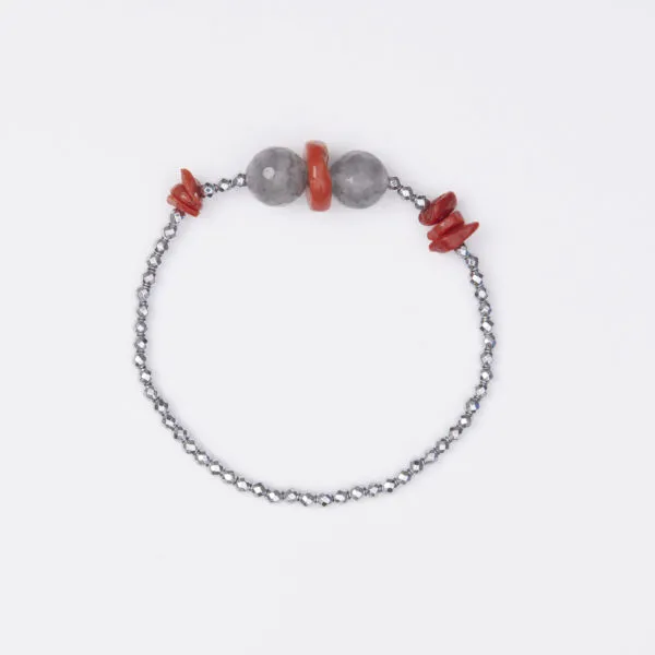 Bracciale Elastico in Ematite, Quarzo Grigio e Corallo Rosso