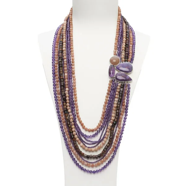 Collana a fili multipli in Ametista, Pietra di Luna e Diaspro Outback, con composizione laterale artigianale in Argento