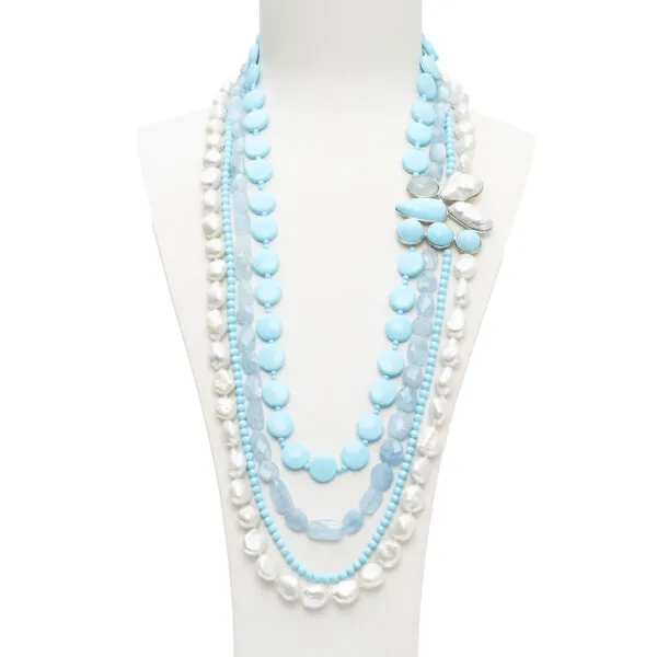 Collana a quattro fili in Pasta di Turchese, Perle ed Acquamarina, con composizione laterale artigianale in Argento