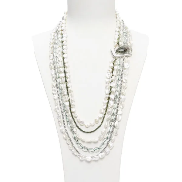 Collana a sei fili in Perle, Prasiolite ed Ematite, con composizione laterale artigianale in Argento