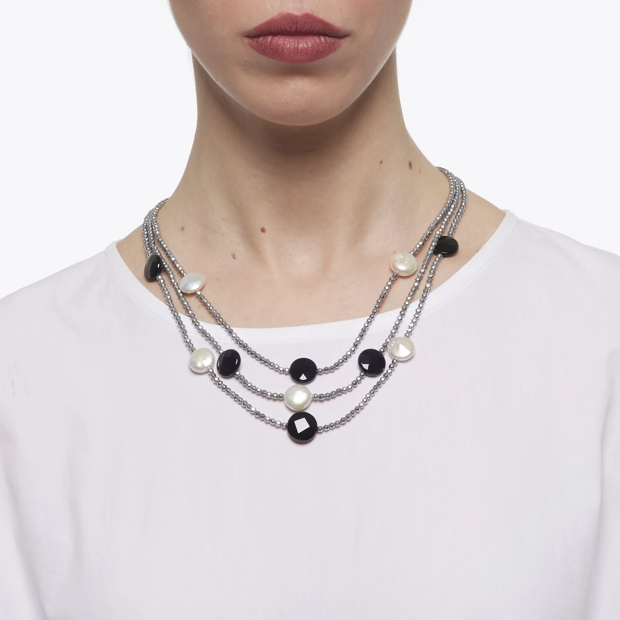 Collana corta in Agata Nera, Perle ed Ematite