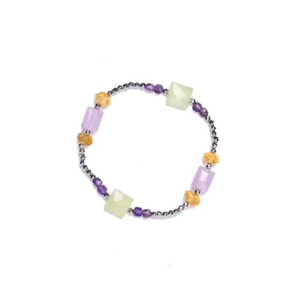 Bracciale Elastico in Prehnite ed Ametista con Ematite