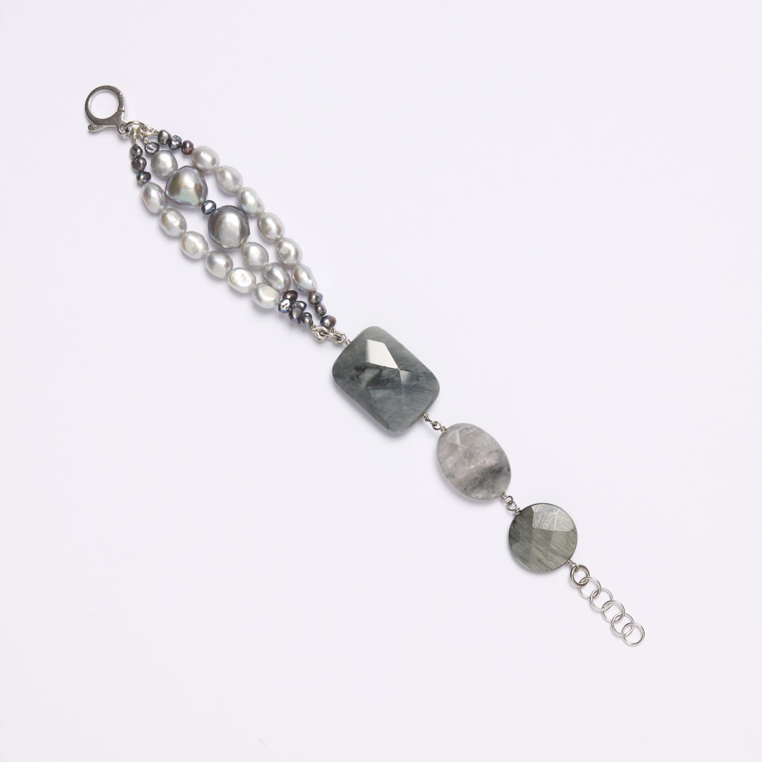 Bracciale rilegato in Occhio di Gatto e Perle