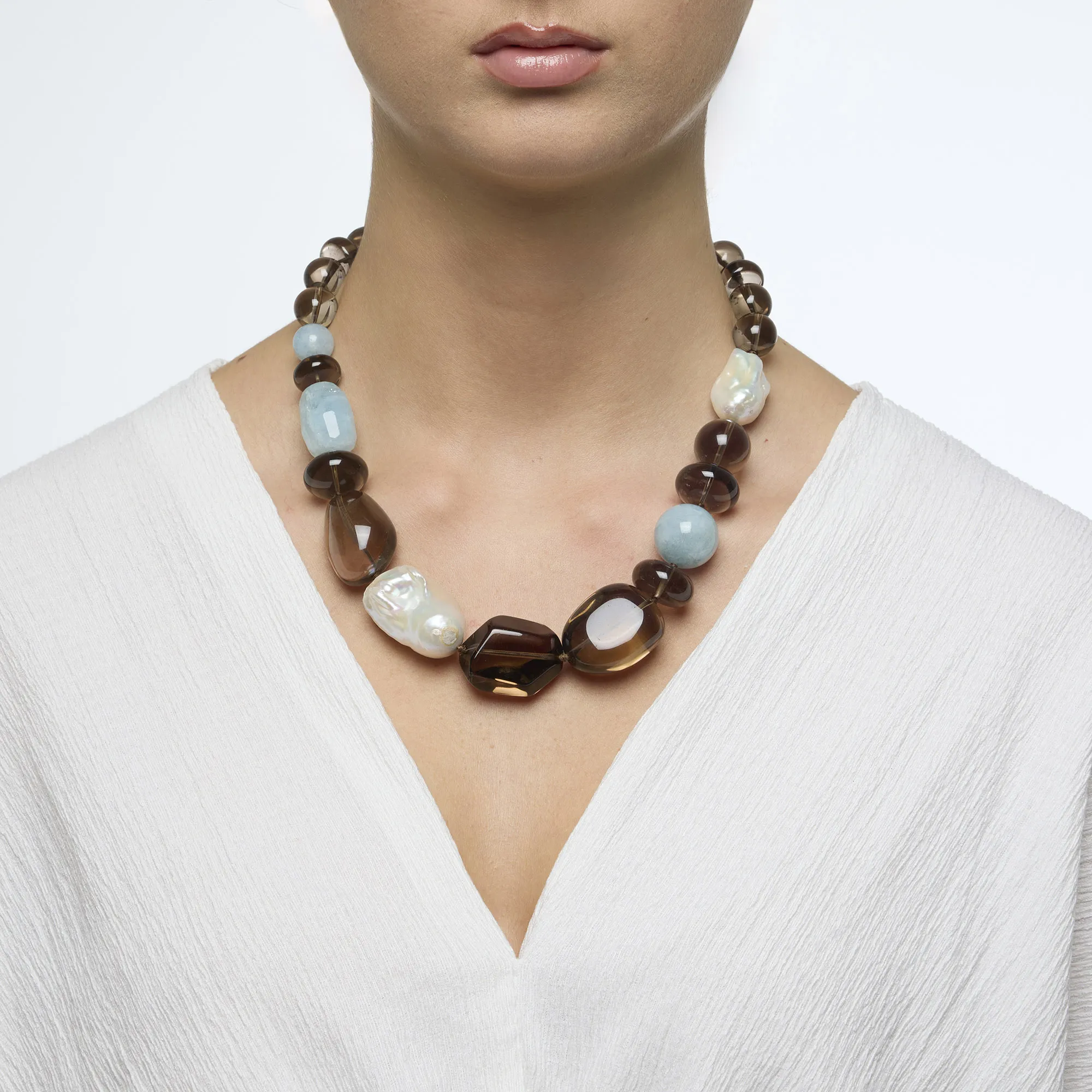 Collana in Acquamarina, Quarzo Fumè e Perle