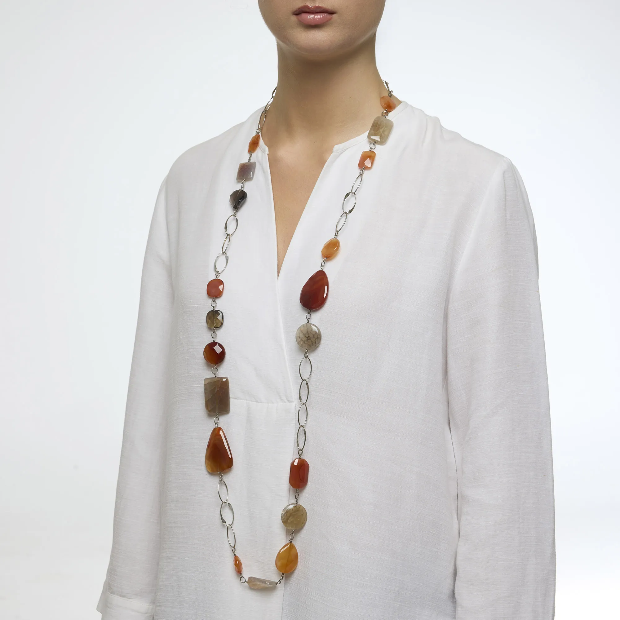 Collana lunga in Corniola e Quarzo Fumè