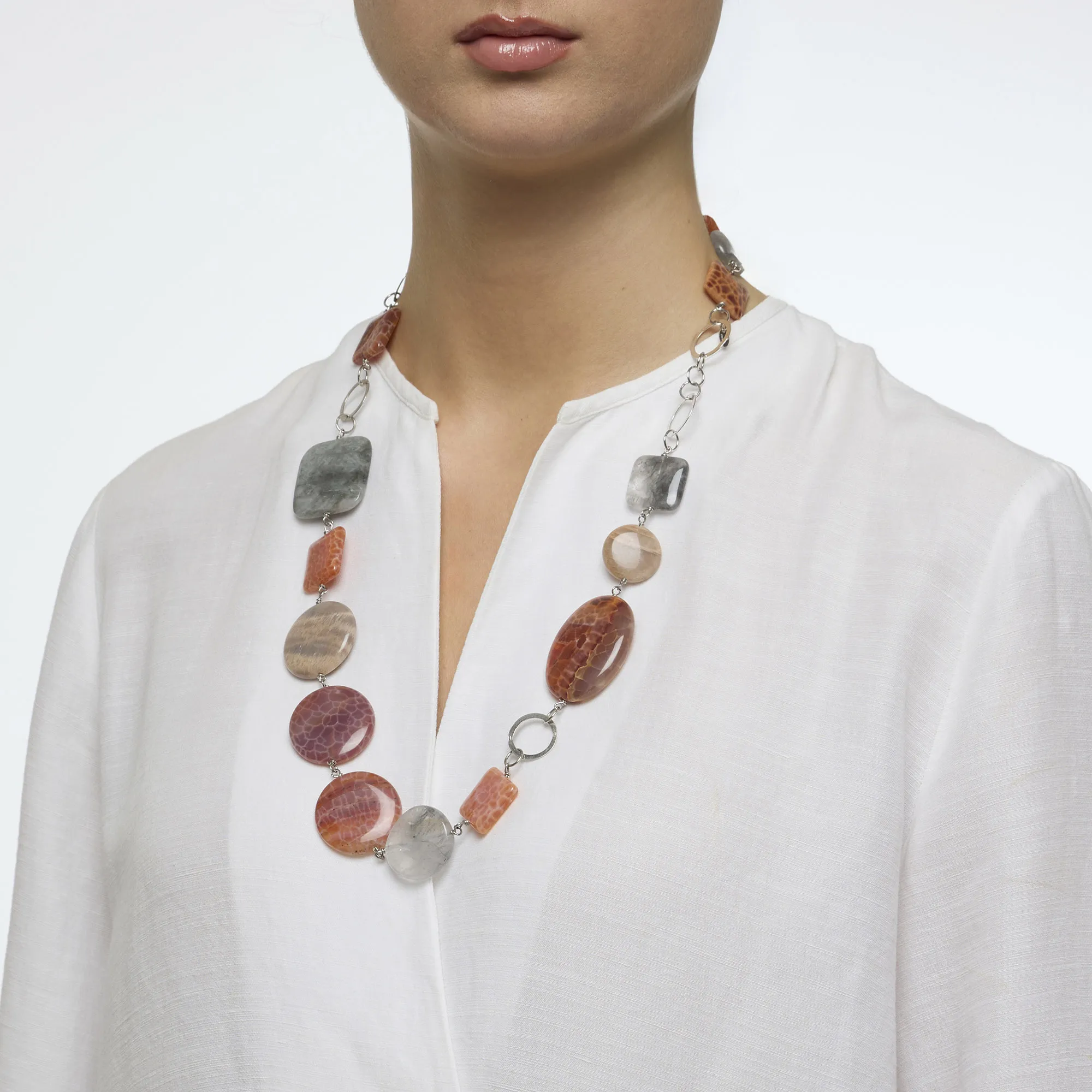 Collana corta in Agata di Fuoco e Quarzo Grigio