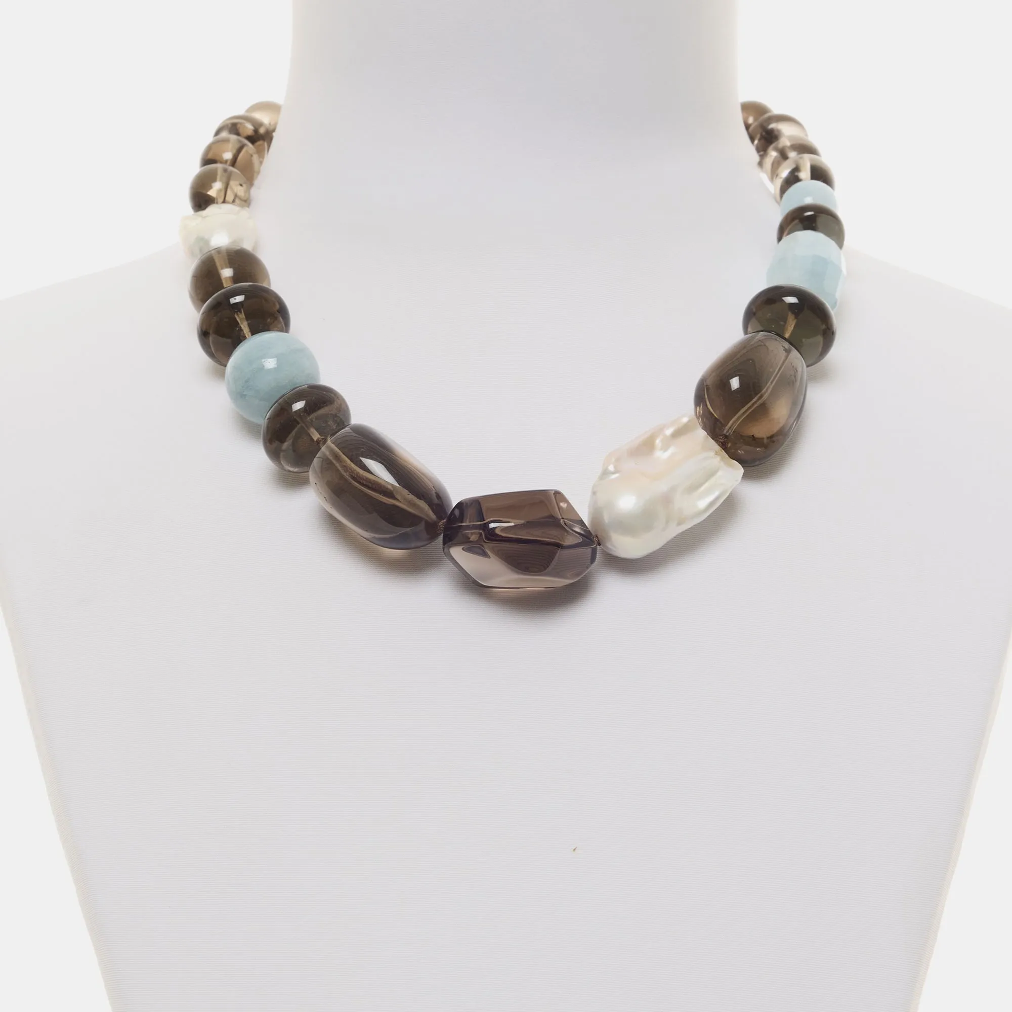 Collana in Acquamarina, Quarzo Fumè e Perle