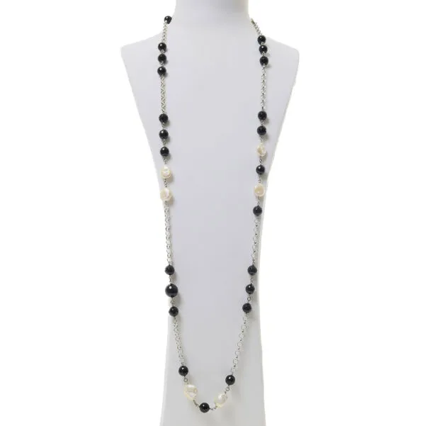 Collana lunga in Perle Bianche ed Agata nera con Argento