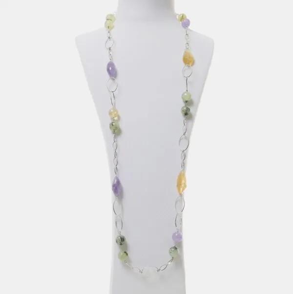 Collana lunga in Prehnite e Ametista