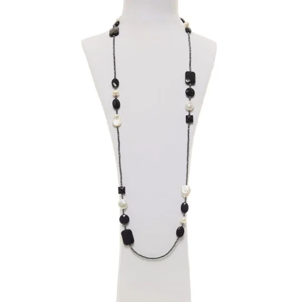 Collana lunga in Agata Nera e perle con ematite